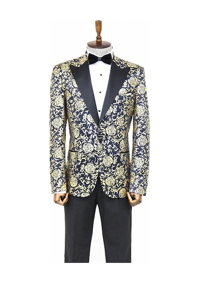 Wessi Gold Gül Desenli Slim Fit Lacivert Erkek Smokin Ceket Lacivert