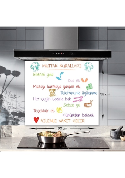 Decorita Renkli Mutfak Kuralları Cam Ocak Arkası Beyaz 52x60cm
