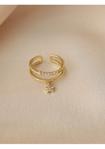 İki Sıralı Sallantılı Yıldız Eklem Kemik Ayarlanabilir Gold Altın Renkli Yüzük Gold