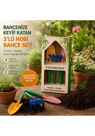 Hobi 3'lü Set Çapa Tırmık Metal Bahçe Tarla Çim Peyzaj Bitki Çiçek Ekme Toprak İşleme Küreği Küçük