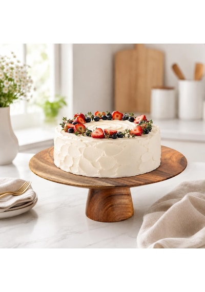 Akasya Ahşap Ayaklı Pasta Standı, 33 Cm Yuvarlak Kek Ve Tatlı Sunum Tabağı Çok renkli
