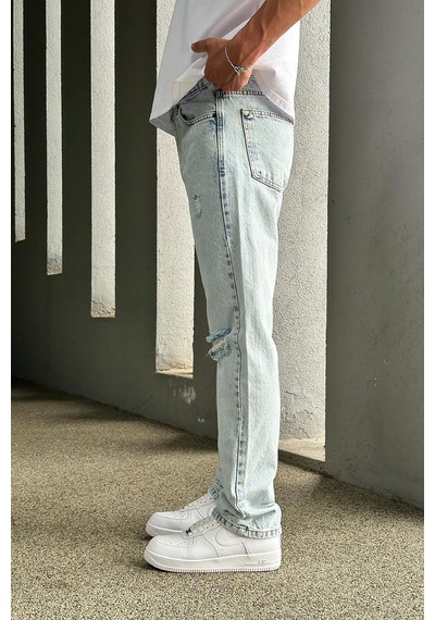 Buz Mavi Dizi Yırtık R4 Dl Baggy Pantolon Buz Mavi