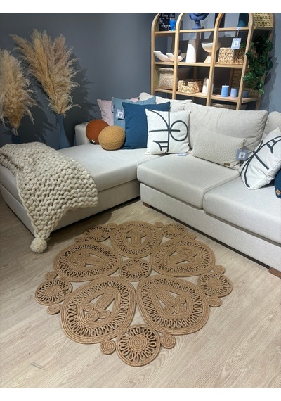 Mavaux Melody Jüt Doğal Hasır Kilim Bej Geometrik Bohem Yuvarlak El Örmesi Halı Jüt