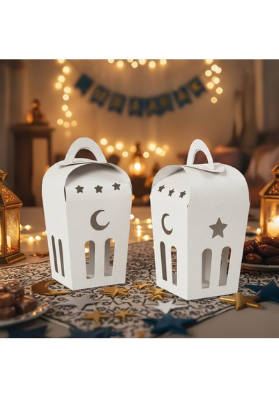 Ramazan Temalı Dekoratif Beyaz Fener Kutusu, Ay Yıldız Kesim Hediyelik Kutu Seti, 6x9 Cm - 12 Adet