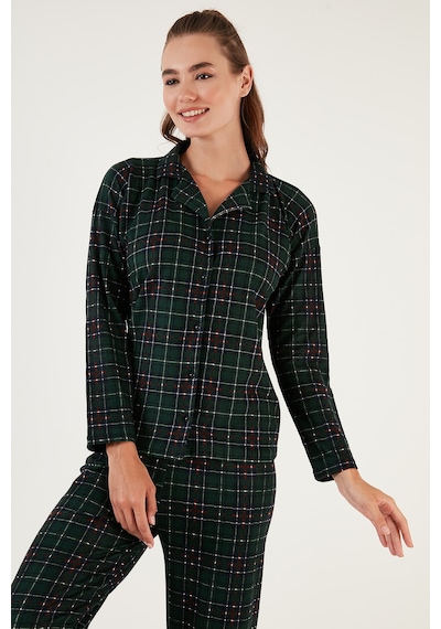 Lela Desenli Beli Lastikli Gömlek Yaka Dokuma Bayan Pijama Takımı 6095660W4 Yeşil