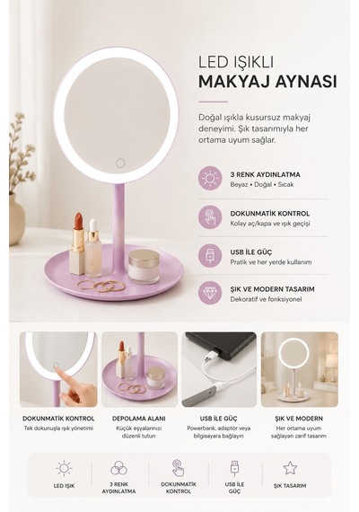 Reoona Led Işıklı Dokunmatik Masa Üstü Makyaj Aynası Mor