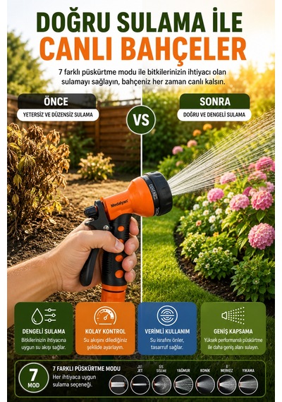 7 Fonksiyonlu Bahçe Sulama Tabancası Ayarlanabilir Su Püskürtme Başlığı Ergonomik Tutuşlu