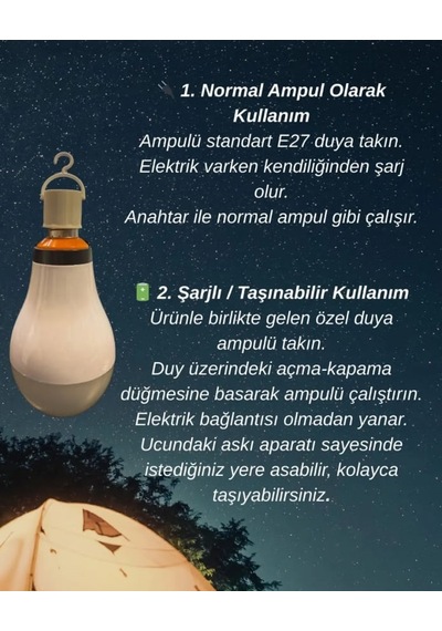 Acil Aydınlatma Şarjlı Led Ampul 9w Beyaz Işık E27 Duy Kes075 Kamp Feneri 6500k 2 Li Paket