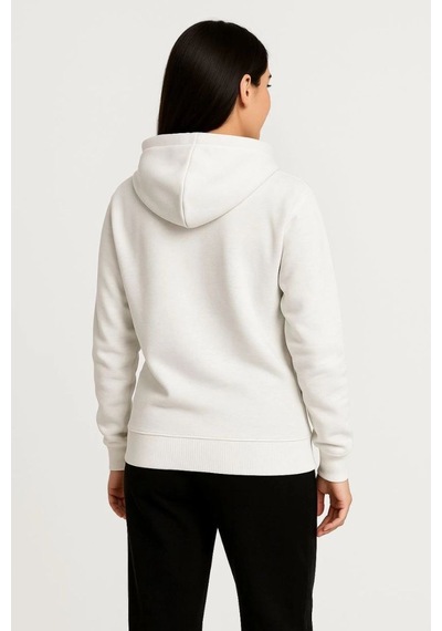 Kadın 3 İplik Kapüşonlu Tam Fermuarlı Kanguru Cepli Sweatshirt Hoodie - Beyaz