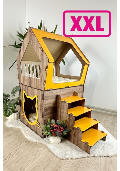 Mavitrend Ahşap Büyük Kedi Evi Xxl Açık Teraslı Model