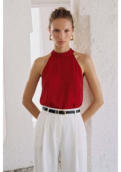 Sateen Halter Yaka Bluz - Kırmızı-137733