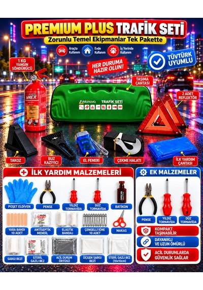 Premium Trafik Ve İlk Yardım Seti Tüvtürk Muayene Uyumlu Ce Belgeli Abc 1kg Yangın Söndürücü Ve E Belgeli Reflektör-yeşil Eva