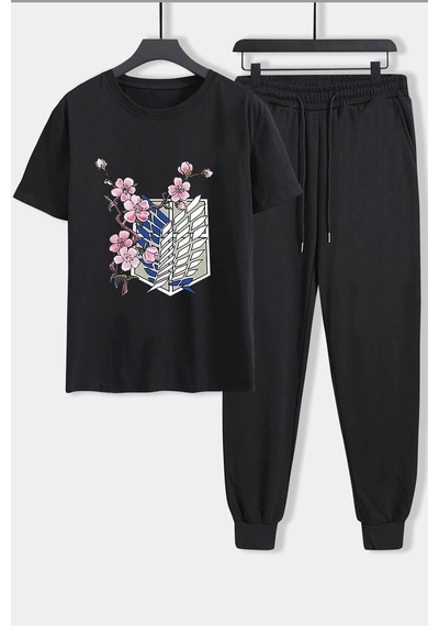 Uyguntarz Unisex Flowers Baskılı 2'li Eşofman Takımı Siyah