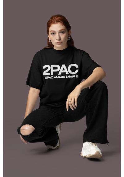 Tupac Rapper Sırt Baskılı Unisex Oversize 2pac Şarkıcı Tişört Siyah