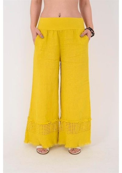 Eren Style İtalyan Fisto Paça Detaylı Keten Pantolon-9893 Sarı