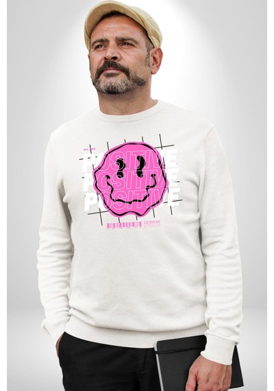 Positive Enerji Emoji Gülen Surat Unisex Beyaz Sweatshirt Beyaz
