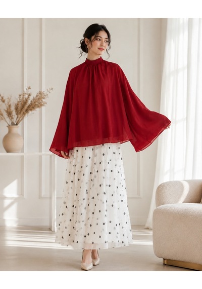 Unika Boutique Kadın Şifon Balon Kol Hakim Yaka Bluz Kırmızı