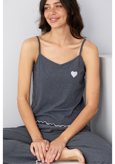 Siyah İnci İp Askılı Örme Pijama Takım 7883 Antrasit