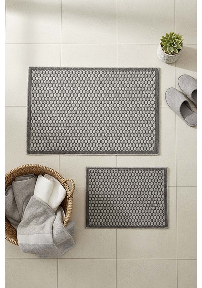 Petek Desenli 2 Li Banyo & Klozet Paspas Takımı Gri