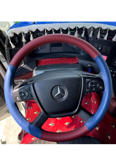 Dikişli Direksiyon Kılıfı Bordo Deri Mavi Deri Siyah Dikişli Mercedes Tır Kamyon İçin Siyah