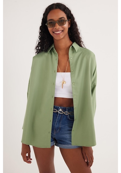 Tudors Kadın Oversize Rahat Kesim Spor Yaka Uzun Kollu Basic Düz Mint Gömlek-36878 Mint