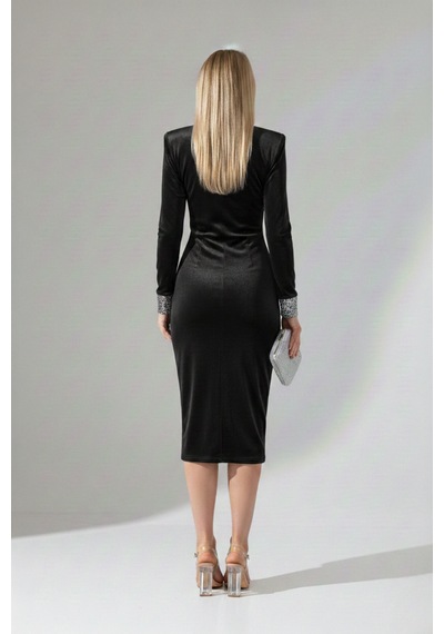 Defymoda Kadın Modern Vatkalı Midi Elbise Siyah