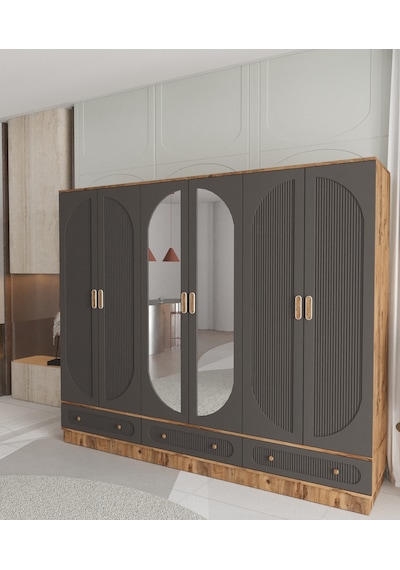 Soho 6 Kapaklı Çekmeceli Bazalı Gardırop - Tamamı Mdf Antrasit