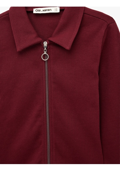 Koton Pamuklu Slim Fit Fermuarlı Uzun Kollu Kaşkorse Polo Yaka Tişört Bordo 7wal10132ık