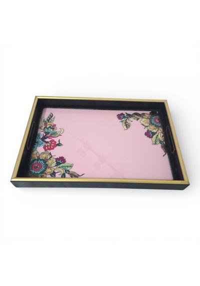 Sudedi Home Pembe Zeminli Çiçek Desenli Altın Çerçeveli Melamin Sunum Tepsisi 31x46 Cm Pembe