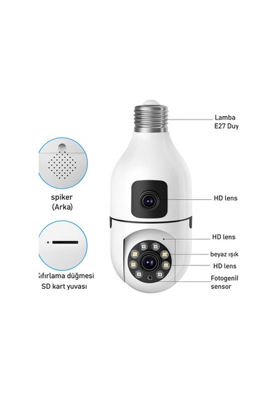 Ampul Tipi Wifi Güvenlik Kamerası Duy Girişli, Hareket Algılamalı, Gece Görüşlü Uzaktan İzleme - 805393063