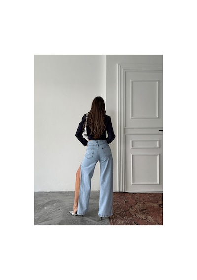 Blue Marlın Yan Fermuarlı Uzun Boyfriend Bol Paça Jeans Buz Kar