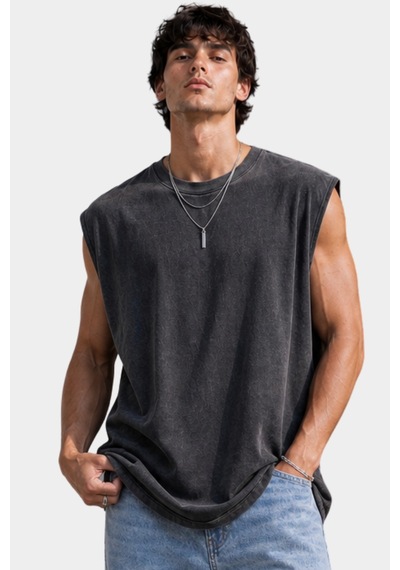 Thiff Erkek Oversize Kolsuz T-shirt Tişört Atlet Füme