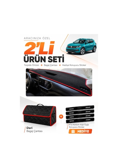 Volkswagen T-cross 2021-2023 Uyumlu Torpido Örtüsü + Deri Bagaj Çantası + Sticker - Siyah Kırmızı