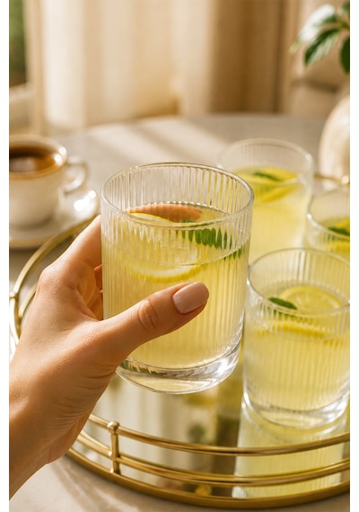 Porsima Berrak 13938-1 6'lı İnce Çizgili Cam Kahve Yanı Su Bardak Seti 200 Ml / Cc Meşrubat & İkram Bardağı