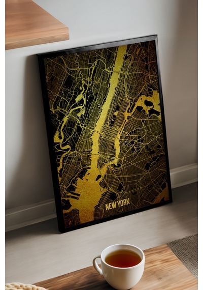 New York Şehir Haritası Siyah Ahşap Çerçeveli Poster, Dekoratif Harita Duvar Tablosu