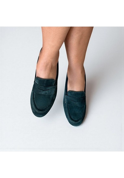Ne&ve Shoes Koyu Yeşil Süet Hakiki Deri Kadın Loafer Ayakkabı