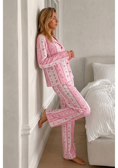 Fit Women Kadın Desenli Düğmeli Uzun Kollu Pembe Pijama Takımı
