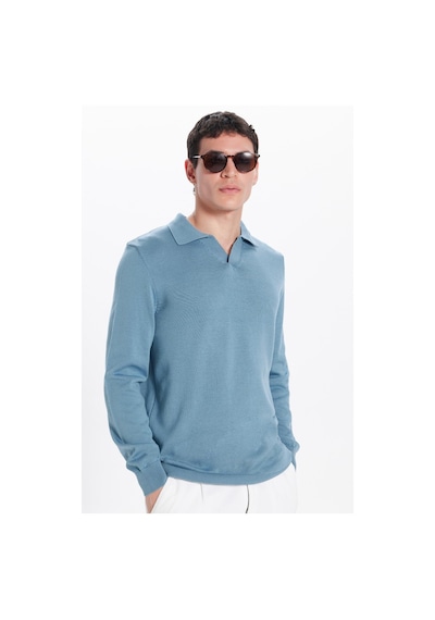 Tudors Erkek Standart Fit Normal Kesim Polo V Yaka İndigo Triko Kazak-32626 İndigo