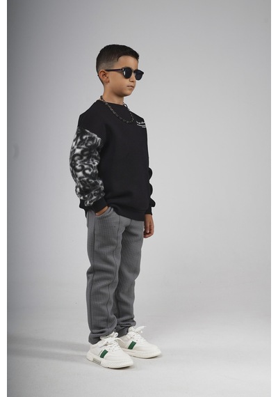 King-Brich Kingbrich Kids Bisiklet Yaka Kolu Garnili Baskılı Çocuk Sweatshirt SIYAH