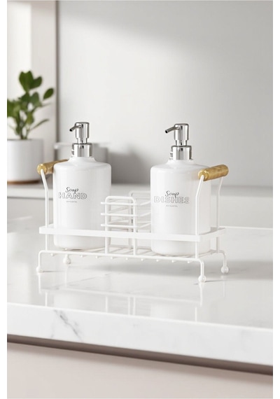 Suntel 2 Li Metal Standlı Plastik Sıvı Sabun Şişesi Sabunluk 500 Ml Beyaz Beyaz