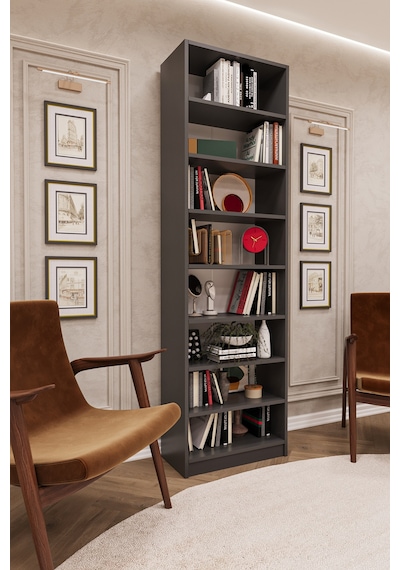 Asra Trend K-08 %100 MDF 60 cm 7 Raflı Kitaplık Ofis Dosya Rafı Kütüphane Koyu Gri