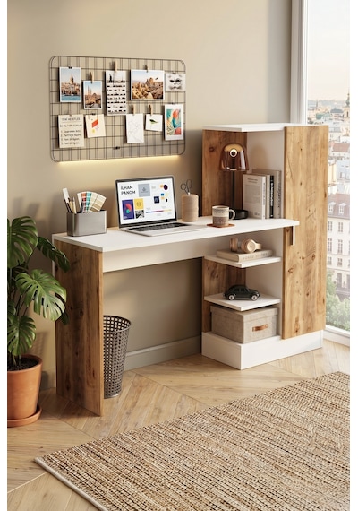 Yurudesign Laura Kitaplıklı Çalışma Masası Atlantik Çam Beyaz CT2