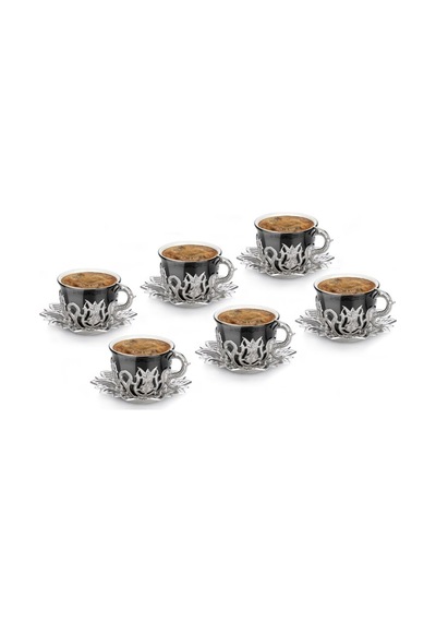 Türk Kahvesi Fincan Takımı Lale Desenli 6 Kişilik Metal Gümüş-siyah Ahsen Model