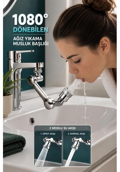 1080 Derece Dönebilen 2 Modlu Mutfak Musluk Başlığı Banyo Musluk Ucu Evrensel Fonksiyonlu Başlık Gümüş