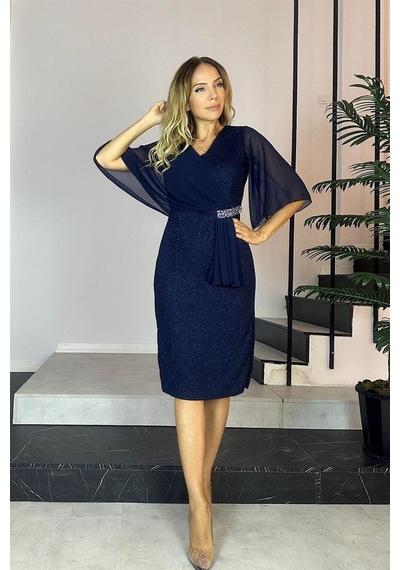 Ges Moda G0477 Taş Detaylı Şifon Kollu Abiye Elbise Lacivert-lacivert
