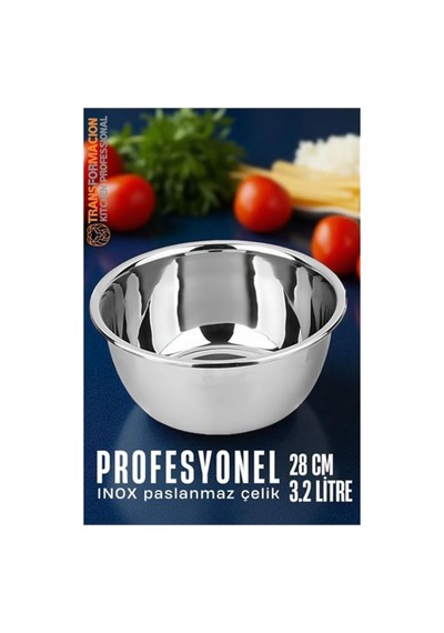 Inox Kase - 28 Cm 3.2 Litre Karıştırma Kabı Profesyonel 304 Paslanmaz Çelik