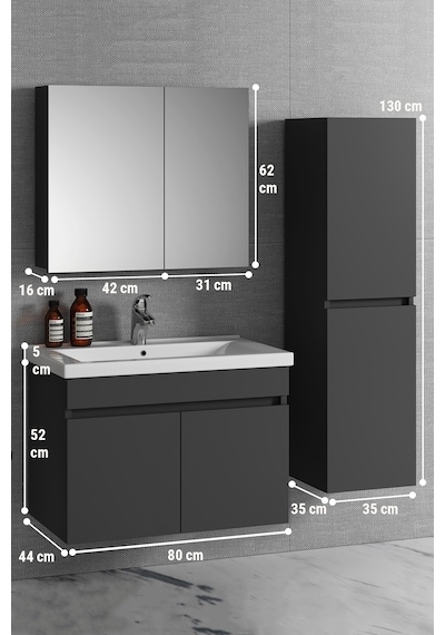 Çiğdem 80+35 Cm Antrasit Gri Mdf Sepetli Asma Banyo Dolabı Takımı Antrasit - Gri