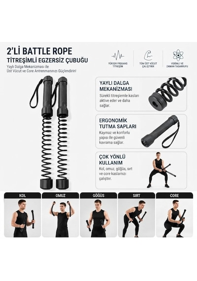 2'li Battle Rope Titreşimli Egzersiz Çubuğu, Yaylı Dalga Mekanizmalı Kol, Omuz, Göğüs, Sırt Ve Core Antrenman Aleti