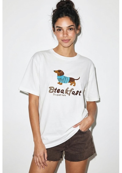 Shade Kadın Bisiklet Yaka Nakış Ve Boncuk İşlemeli Oversize T-shirt 2221 60286122 - Beyaz