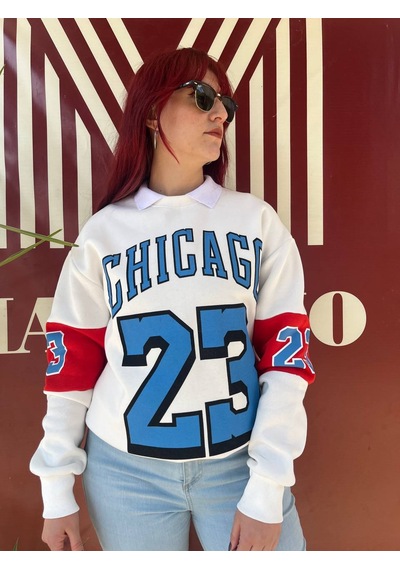 Erkek Beyaz Unısex Oversize Chicago 23 Baskılı Polarlı Sweat Çok Renkli